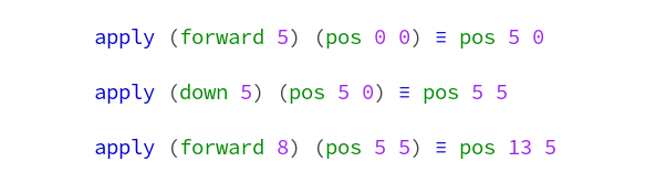   apply (forward 5) (pos 0 0) ≡ pos 5 0
  apply (down 5) (pos 5 0) ≡ pos 5 5
  apply (forward 8) (pos 5 5) ≡ pos 13 5
