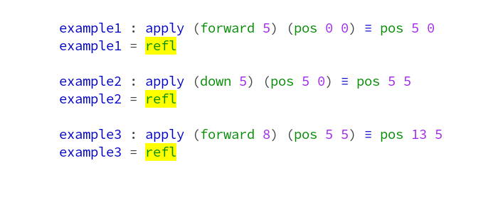 The refl terms in the definitions of the examples, are highlighted yellow